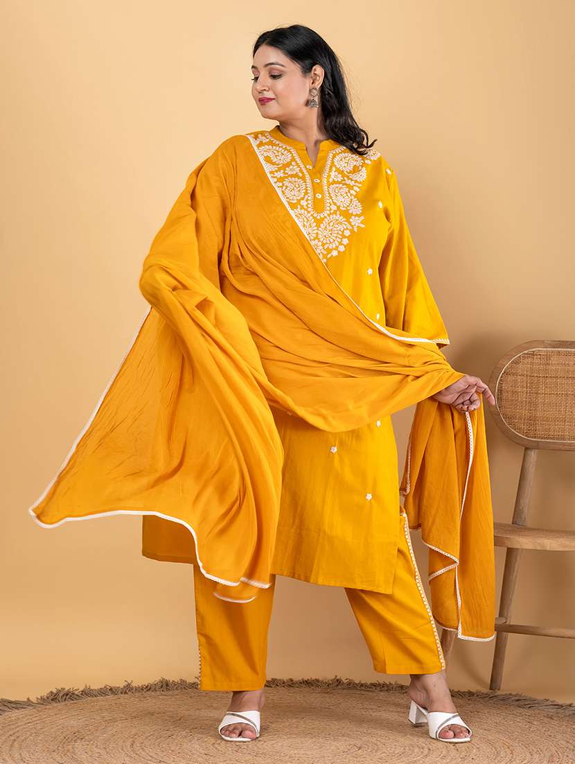 mustard cotton blend suit  set - 22058472 -  Standard Image - 2