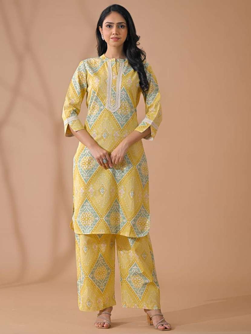 yellow cotton blend suit  set