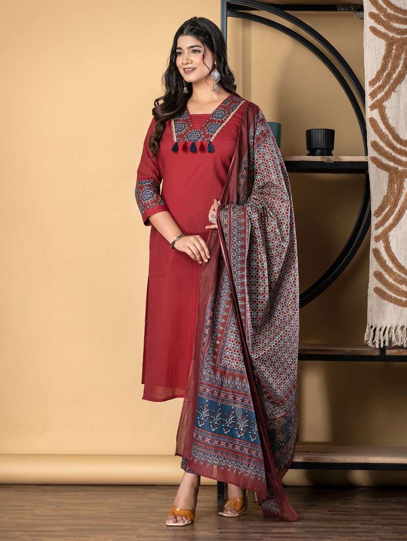 maroon cotton suit  set - 22058493 -  Standard Image - 2