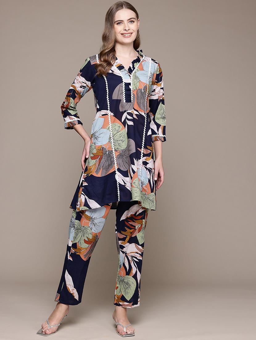 women printed three quarter sleeve ethnic co-ord set - 22058575 - Standard Image - 2
