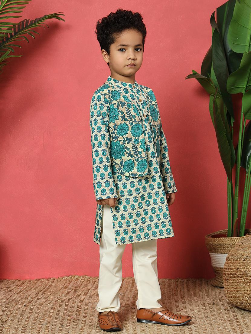 boys printed mandarin collar kurta pyjama set with nehru jacket - 22058608 - Standard Image - 2