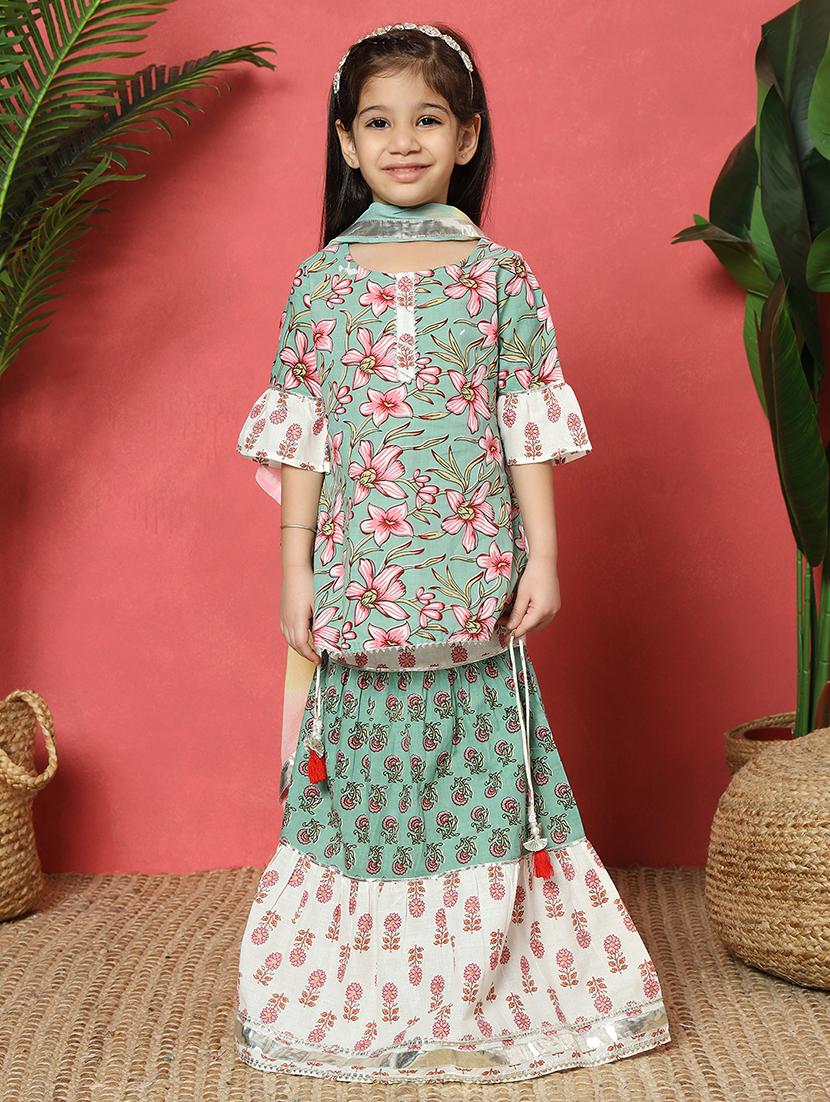 girls printed bell sleeve lehenga choli with dupatta