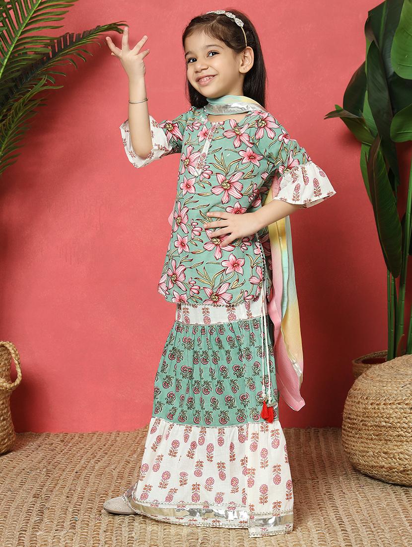 girls printed bell sleeve lehenga choli with dupatta - 22058617 - Standard Image - 2