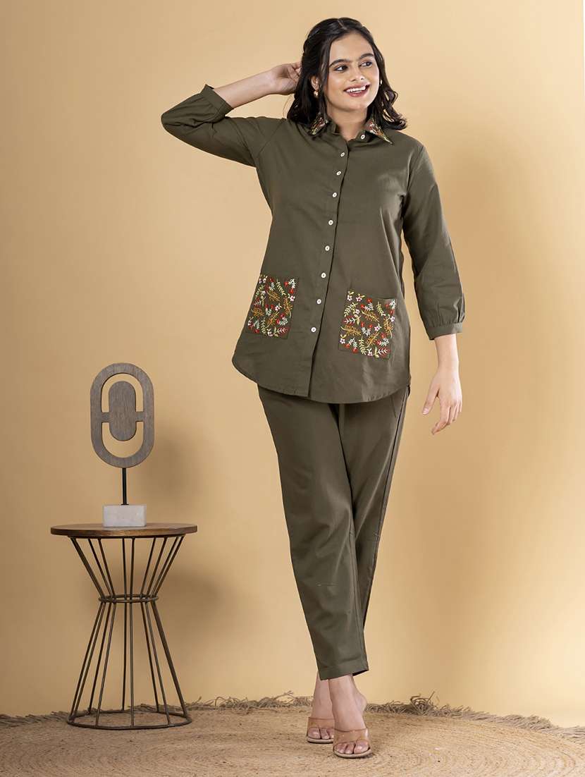 green cotton blend coord set - 22058657 -  Standard Image - 2