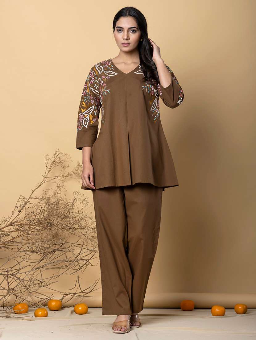 brown cotton blend coord set - 22058667 - Standard Image - 2