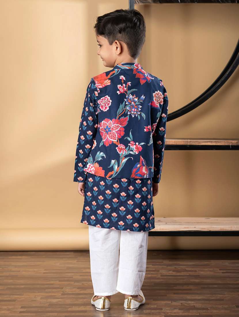 boys printed mandarin collar kurta pyjama set with nehru jacket - 22058705 -  Standard Image - 2