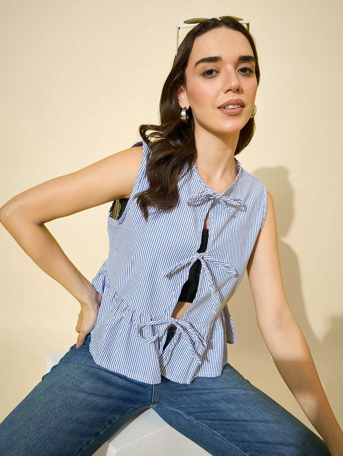 women striped sleeveless front tie tiered top - 22058721 - Standard Image - 2