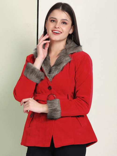 women solid long sleeve fur detailed jacket - 22058736 -  Standard Image - 0