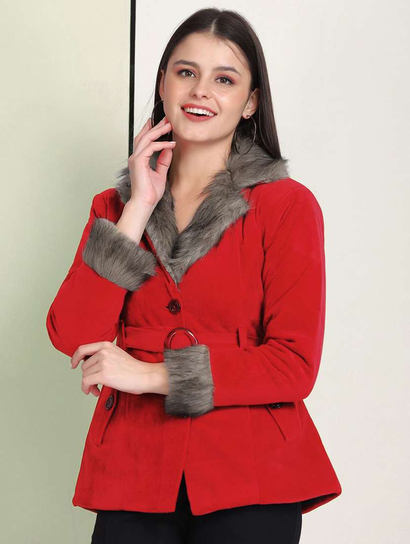 women solid long sleeve fur detailed jacket - 22058736 -  Zoom Image - 0