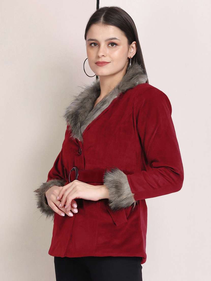 women solid long sleeve fur detailed jacket - 22058737 - Standard Image - 2