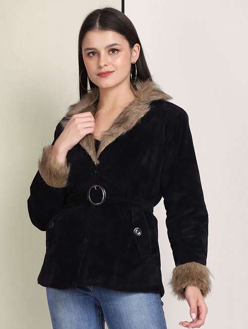 women solid long sleeve fur detailed jacket - 22058738 - Standard Image - 0