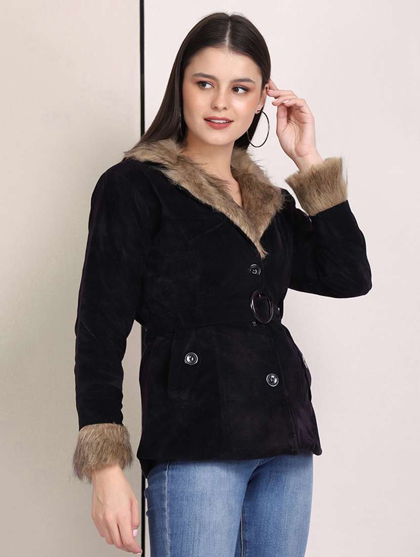 women solid long sleeve fur detailed jacket - 22058738 - Standard Image - 2