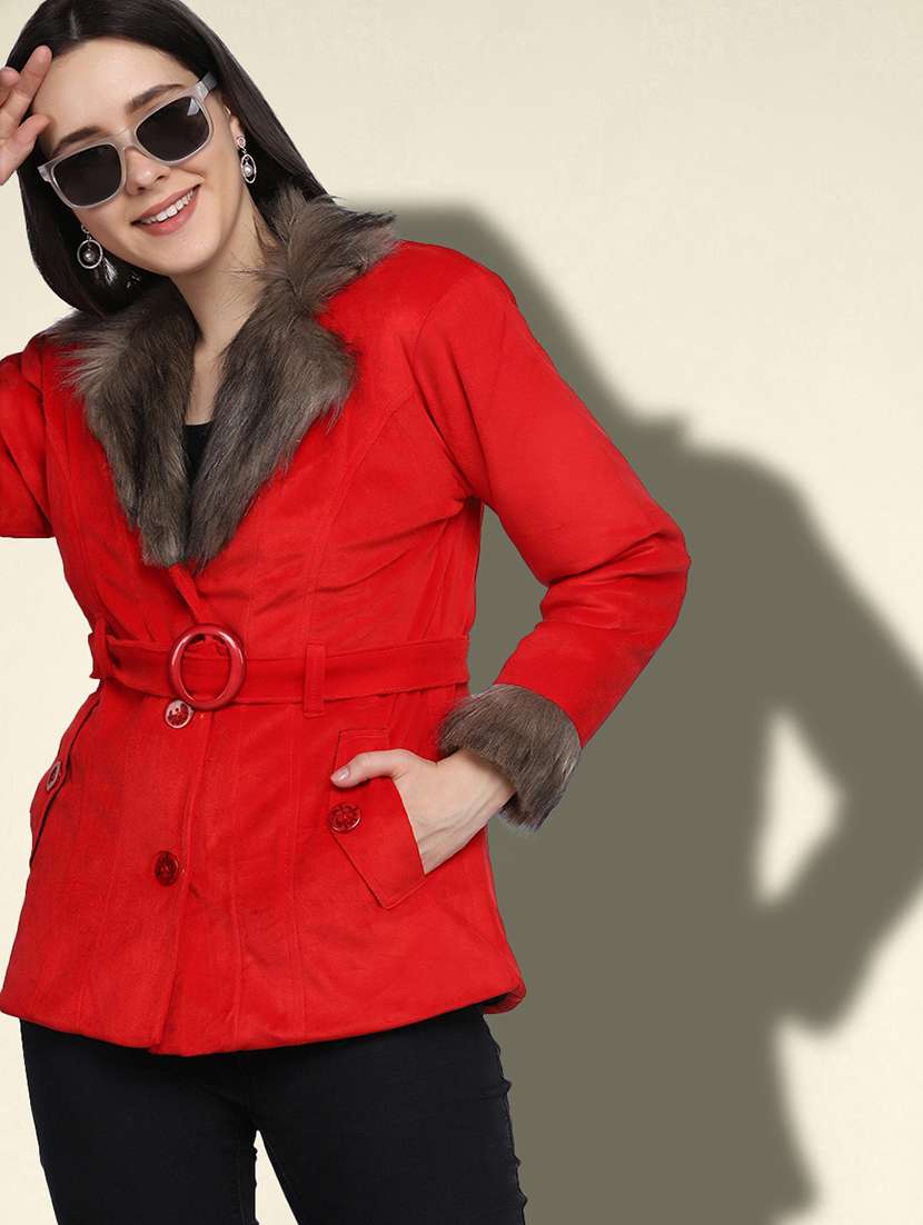 women solid long sleeve fur detailed jacket