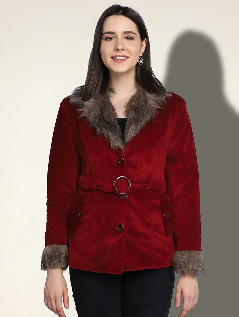 women solid long sleeve fur detailed jacket