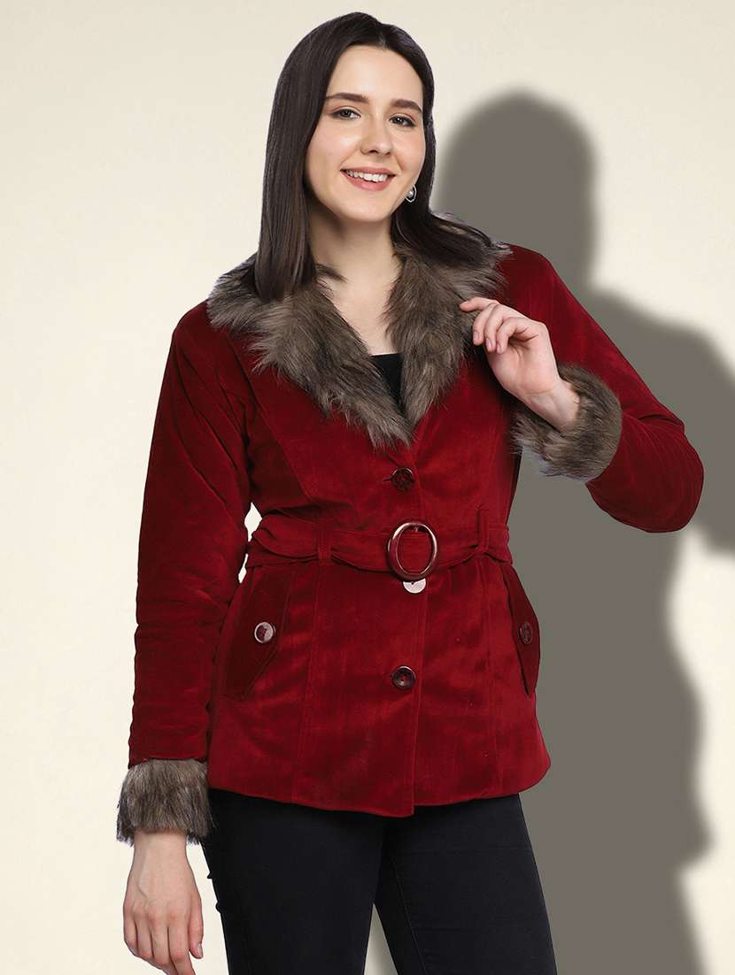 women solid long sleeve fur detailed jacket - 22058741 - Standard Image - 2