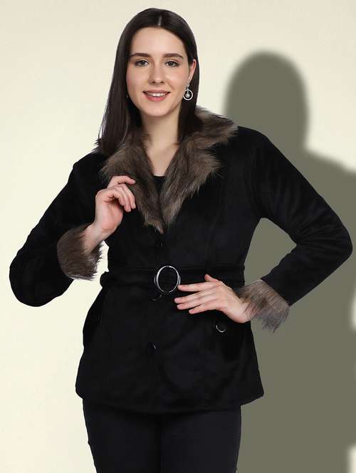 women solid long sleeve fur detailed jacket - 22058742 - Standard Image - 0