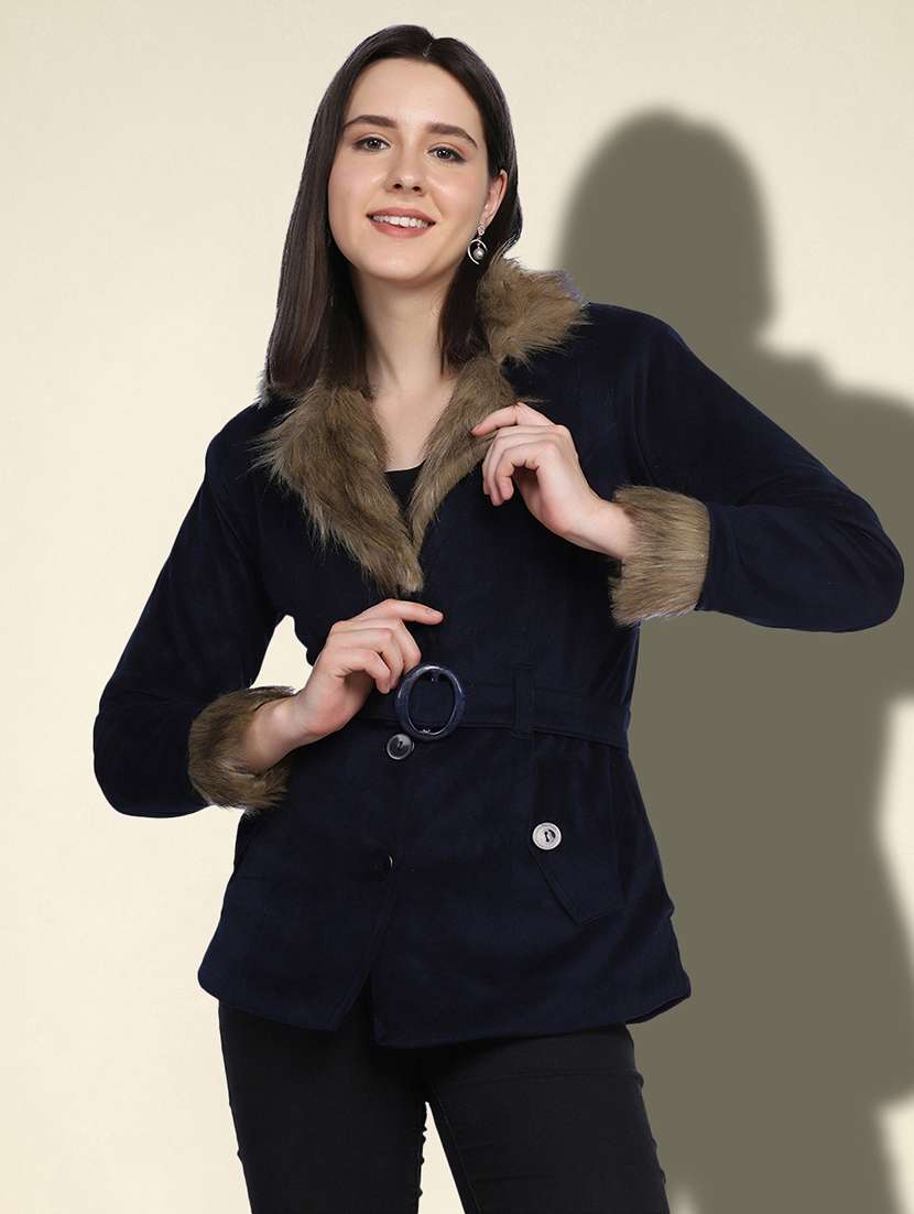 women solid long sleeve fur detailed jacket