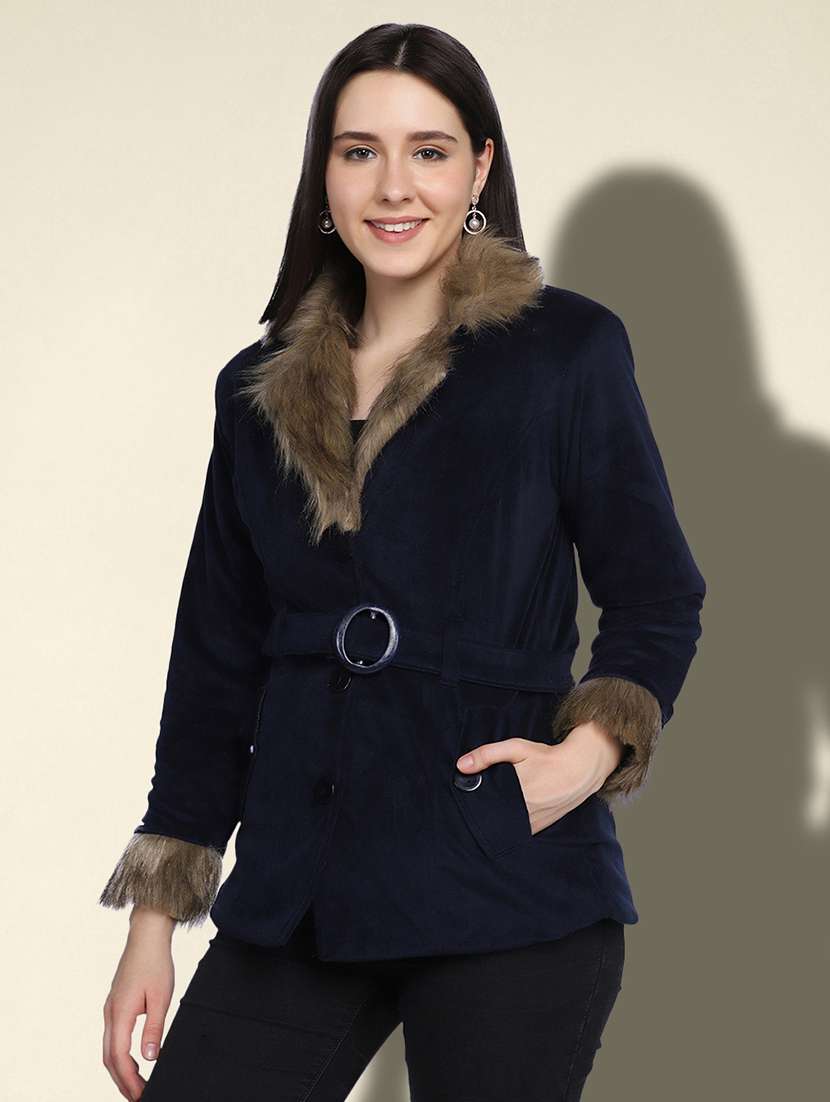 women solid long sleeve fur detailed jacket - 22058743 -  Standard Image - 2