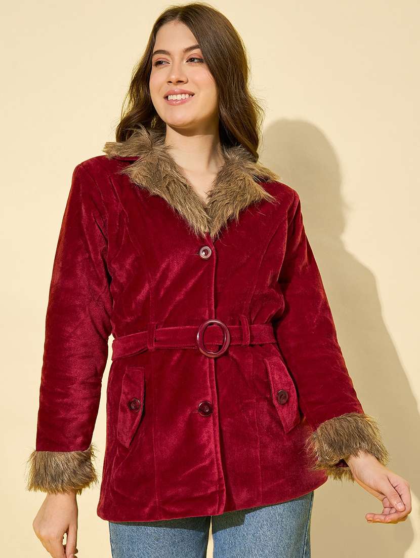 women solid long sleeve fur detailed jacket