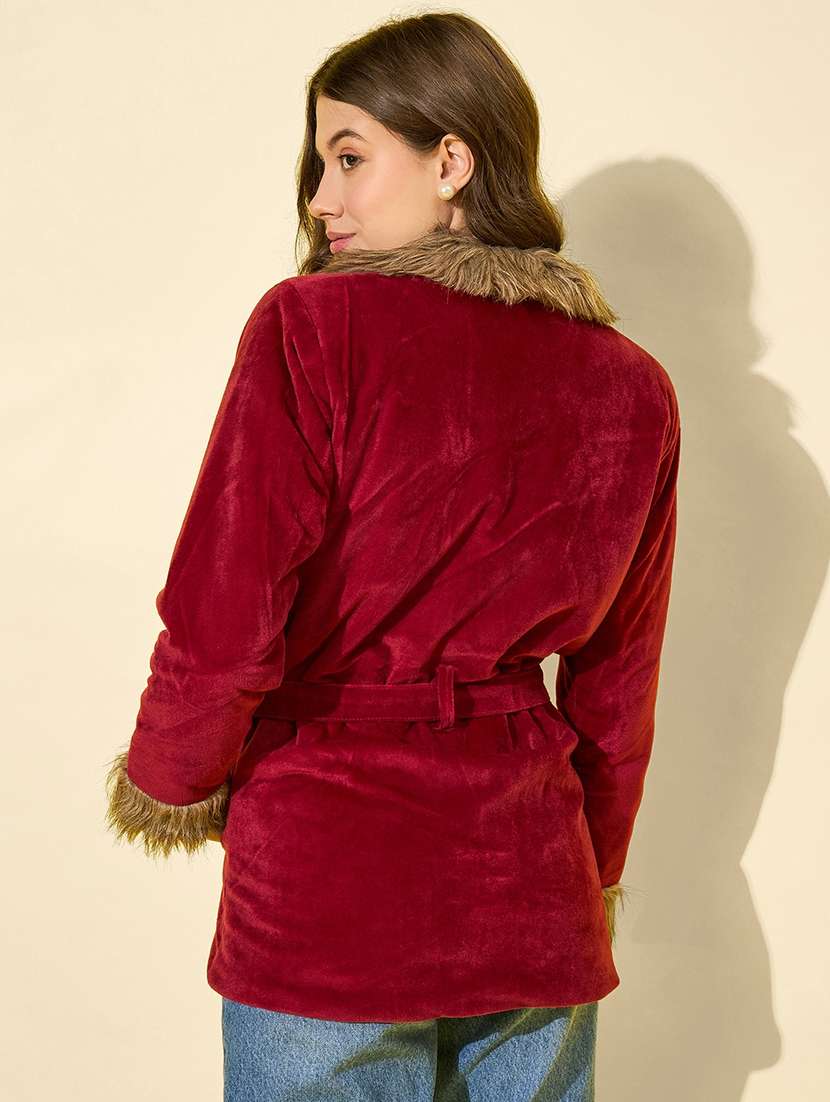 women solid long sleeve fur detailed jacket - 22058745 - Standard Image - 2