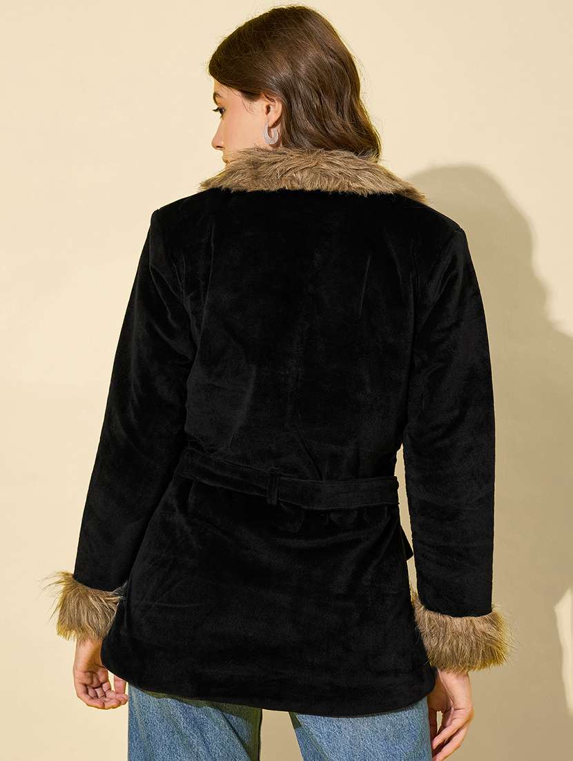 women solid long sleeve fur detailed jacket - 22058746 - Standard Image - 2