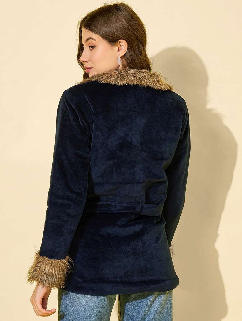 women solid long sleeve fur detailed jacket - 22058747 -  Standard Image - 2