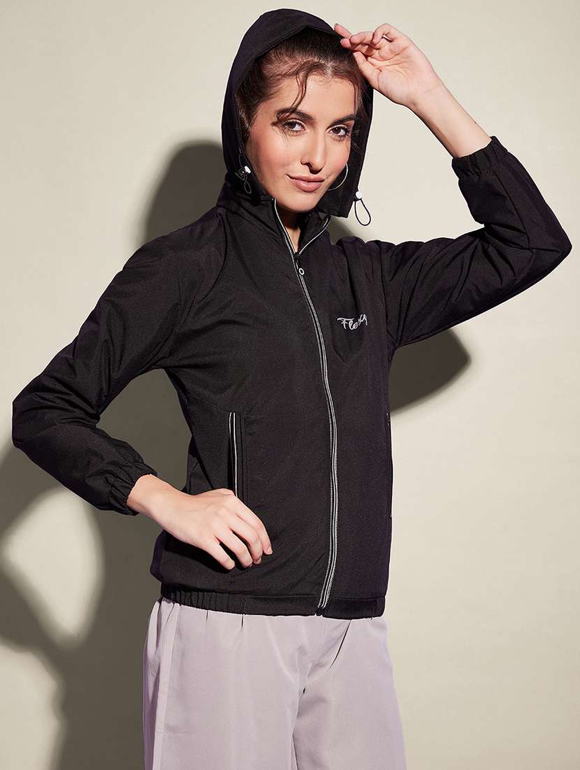 women solid long sleeve hooded windcheater jacket - 22058750 - Standard Image - 2