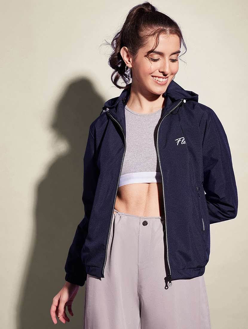 women solid long sleeve hooded windcheater jacket