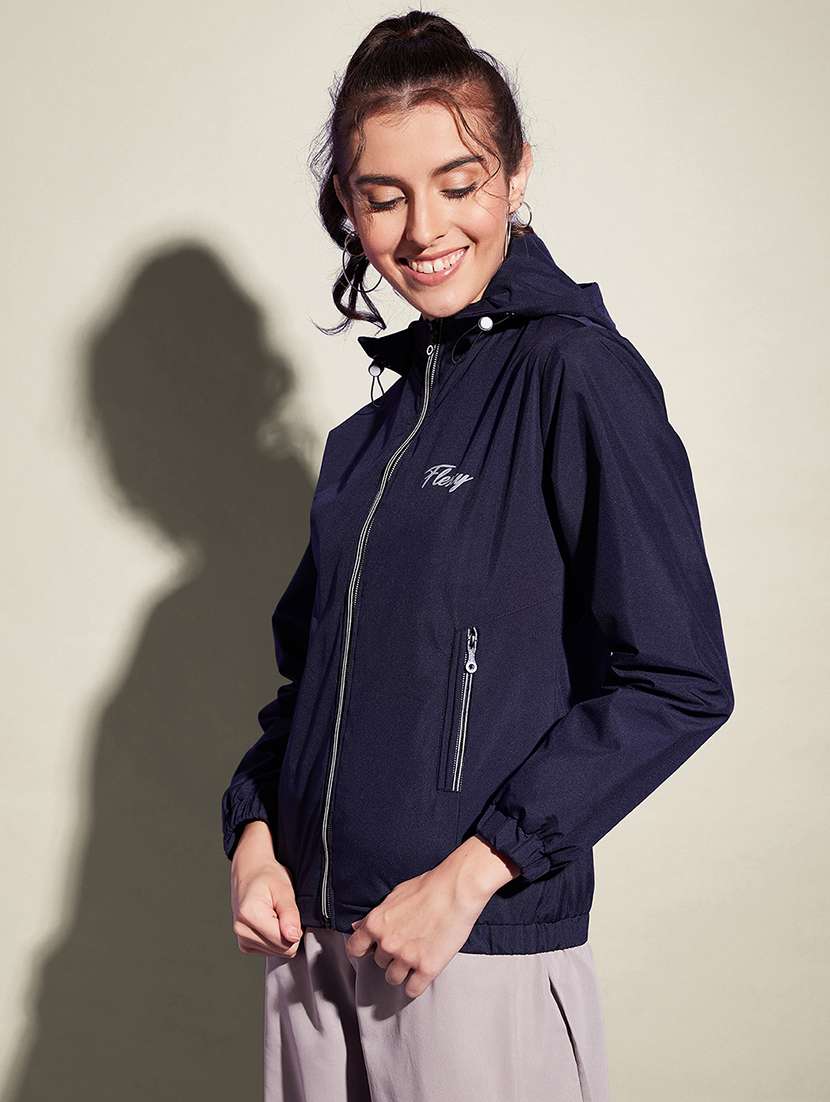 women solid long sleeve hooded windcheater jacket - 22058751 - Standard Image - 2