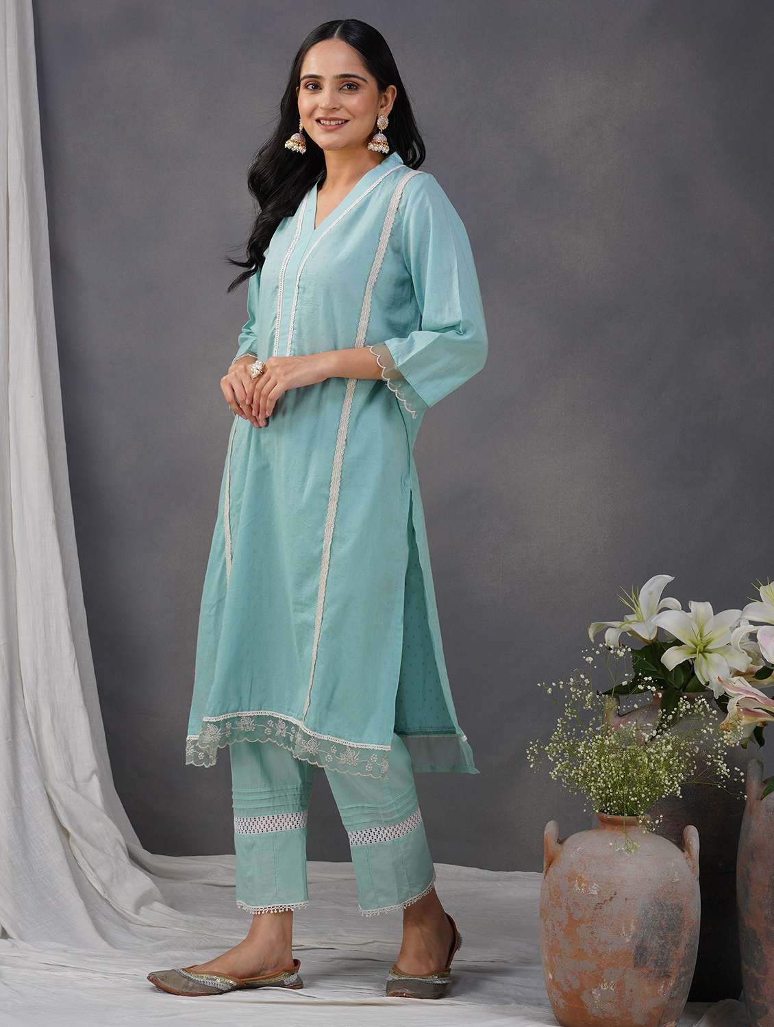 women three quarter sleeve kurta pant set - 22059006 -  Standard Image - 2