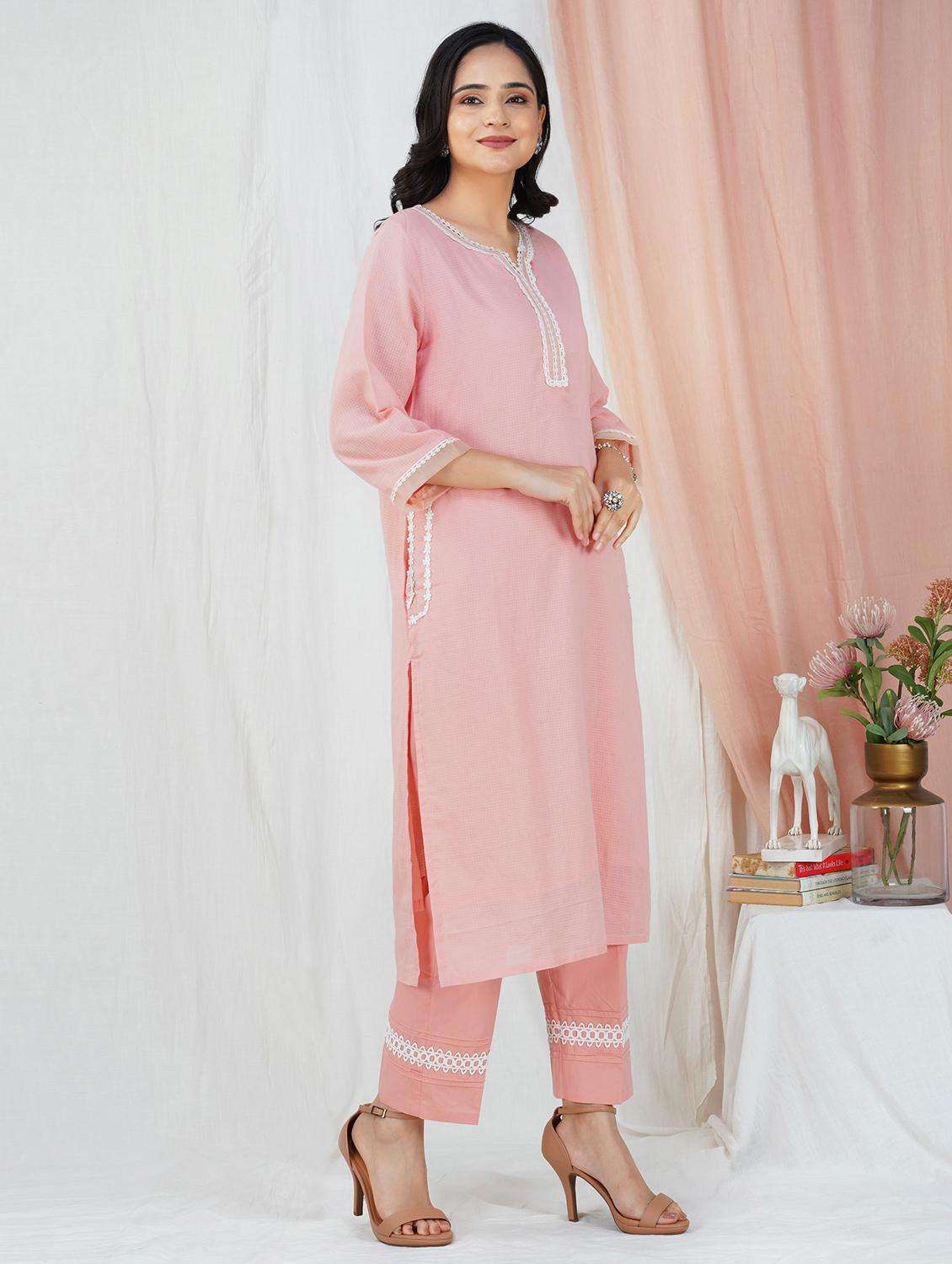 women three quarter sleeve kurta pant set - 22059048 -  Standard Image - 2