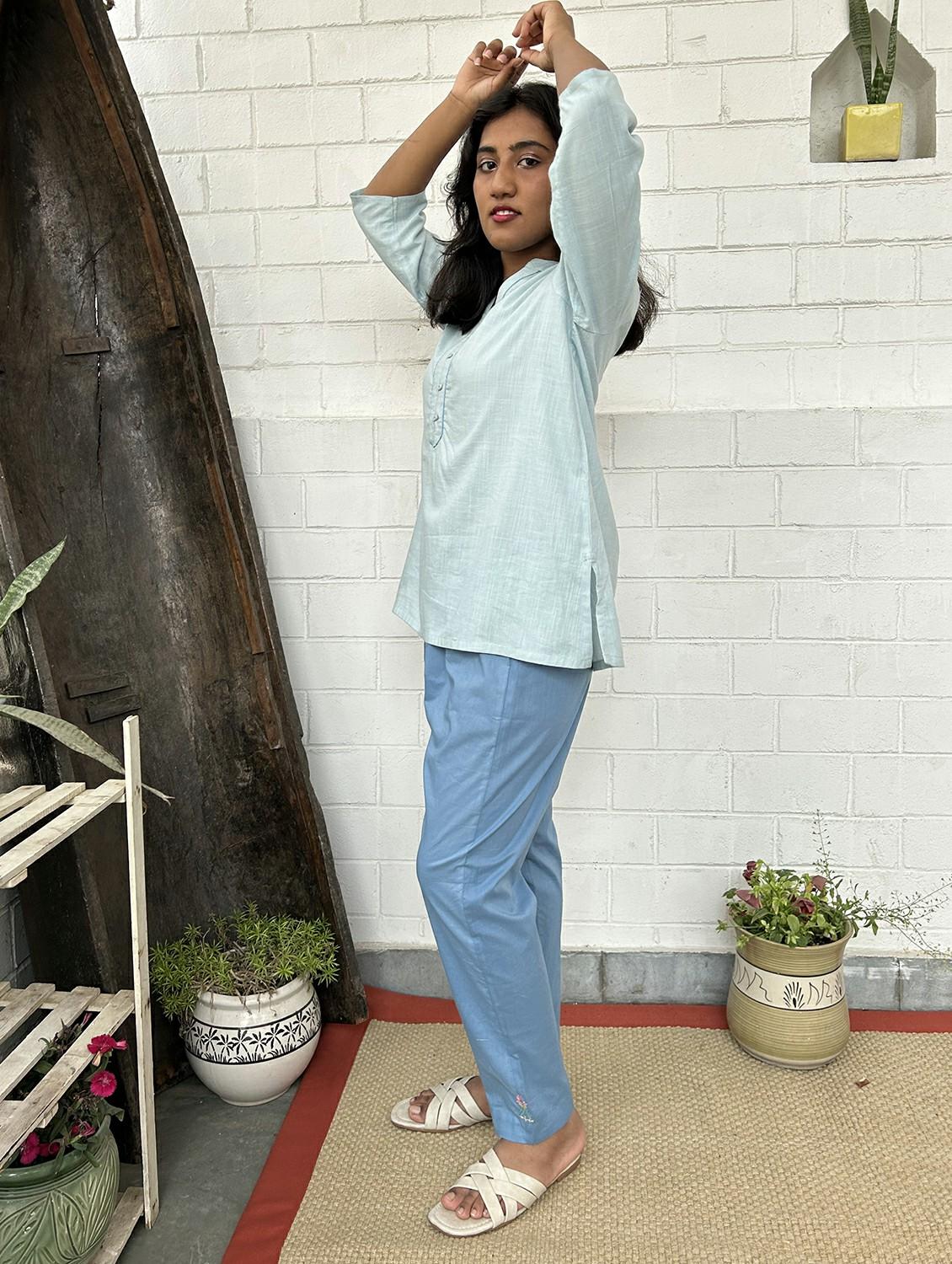 light blue cotton kurta pant set - 22059118 - Standard Image - 2