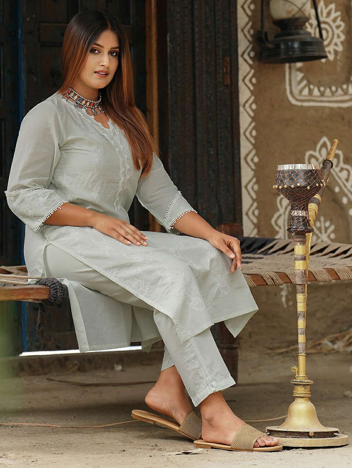 women three quarter sleeve kurta pant set - 22059188 -  Standard Image - 2