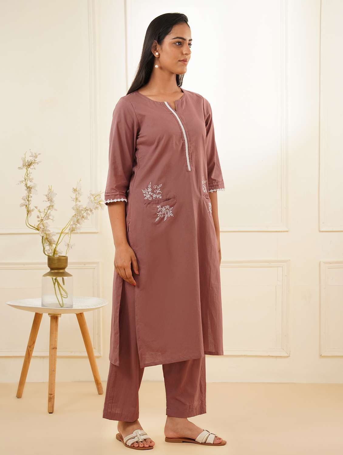 women three quarter sleeve kurta pant set - 22059227 -  Standard Image - 2