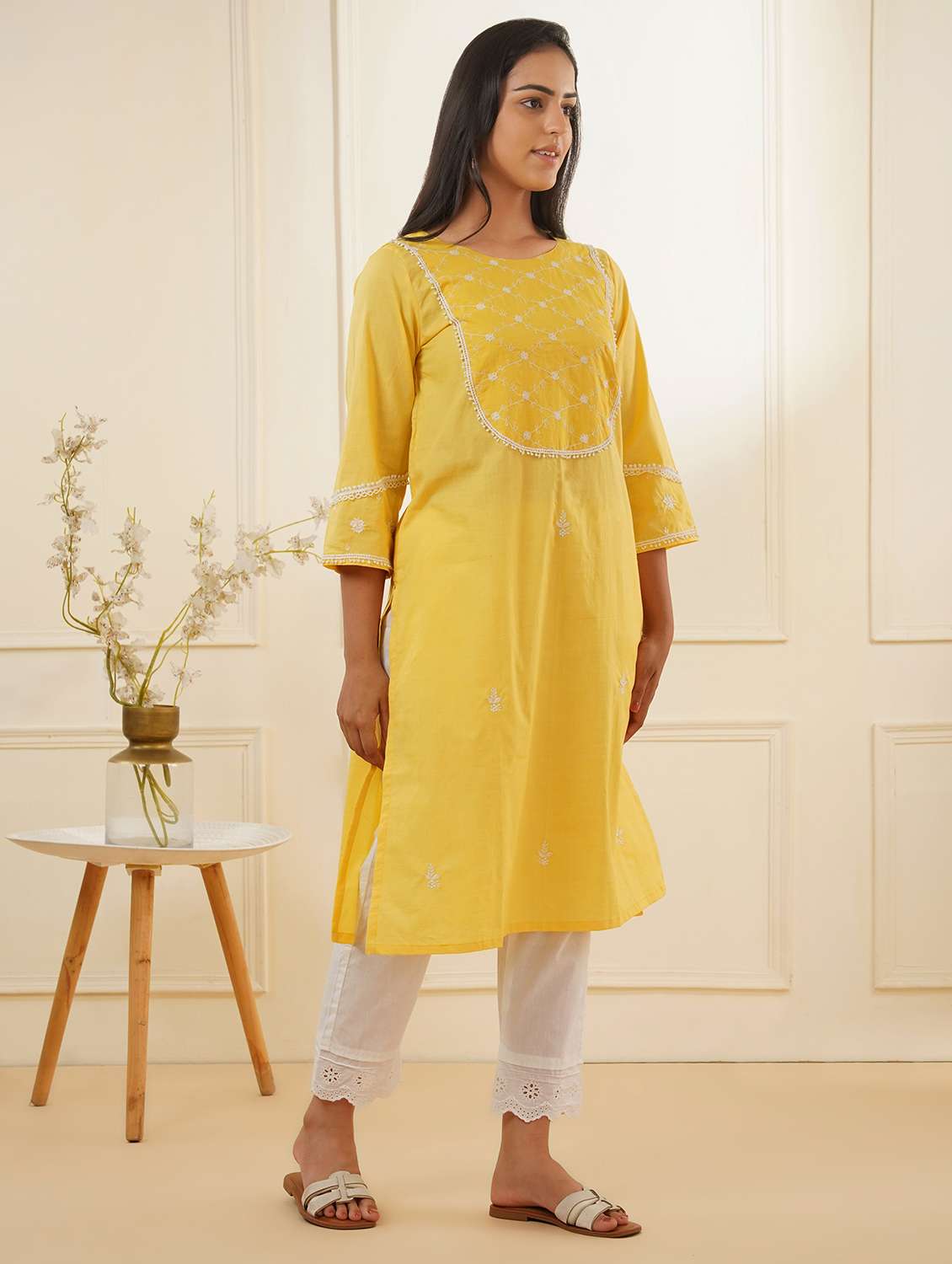 women three quarter sleeve kurta pant set - 22059229 -  Standard Image - 2