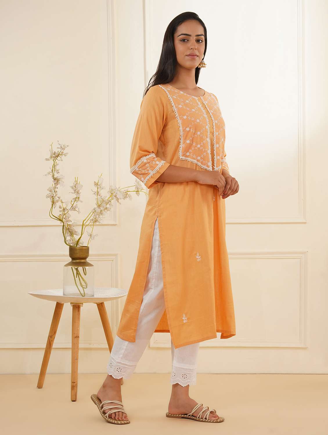 women three quarter sleeve kurta pant set - 22059233 -  Standard Image - 2