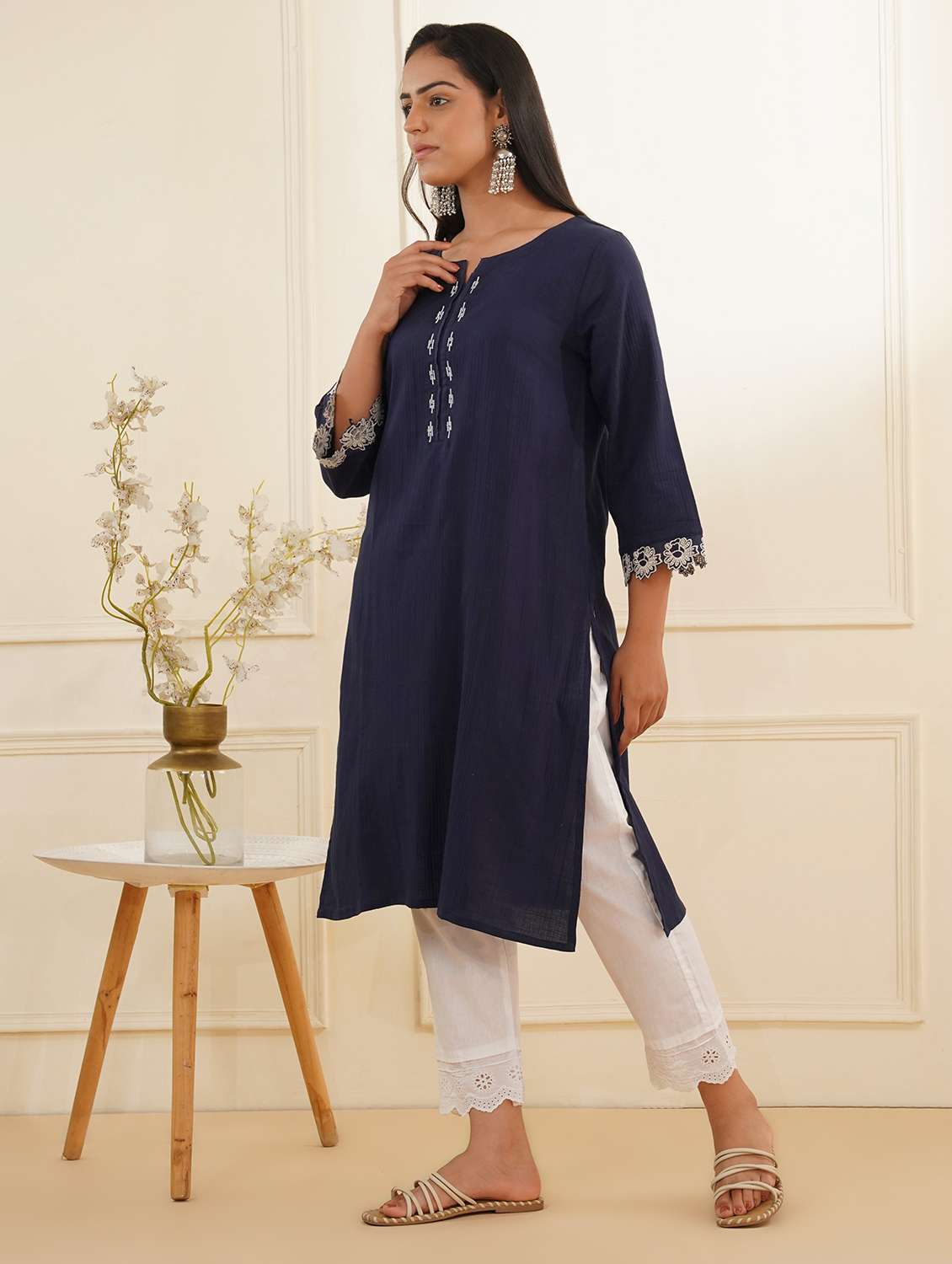 women three quarter sleeve kurta pant set - 22059234 -  Standard Image - 2