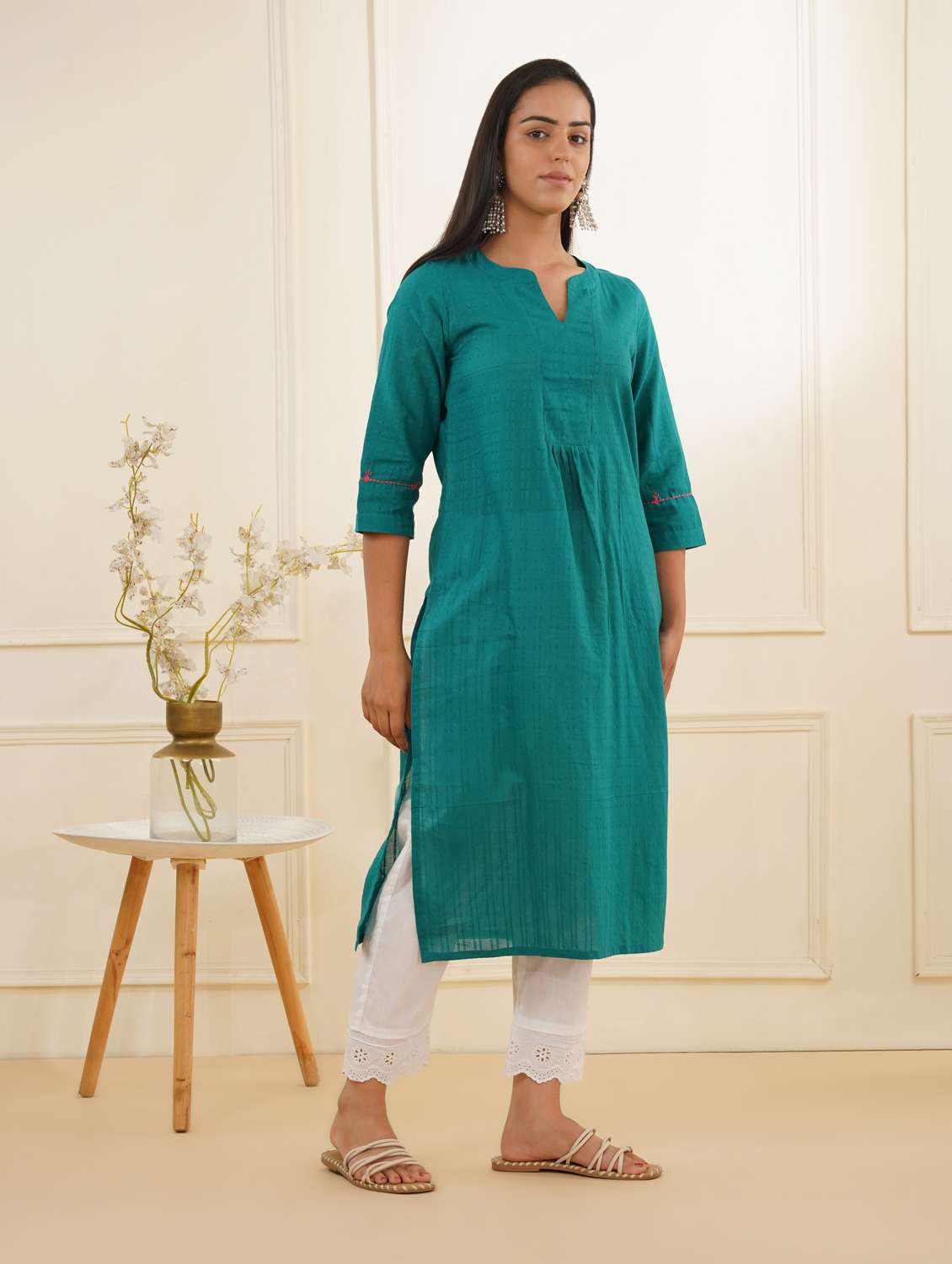 women three quarter sleeve kurta pant set - 22059238 -  Standard Image - 2