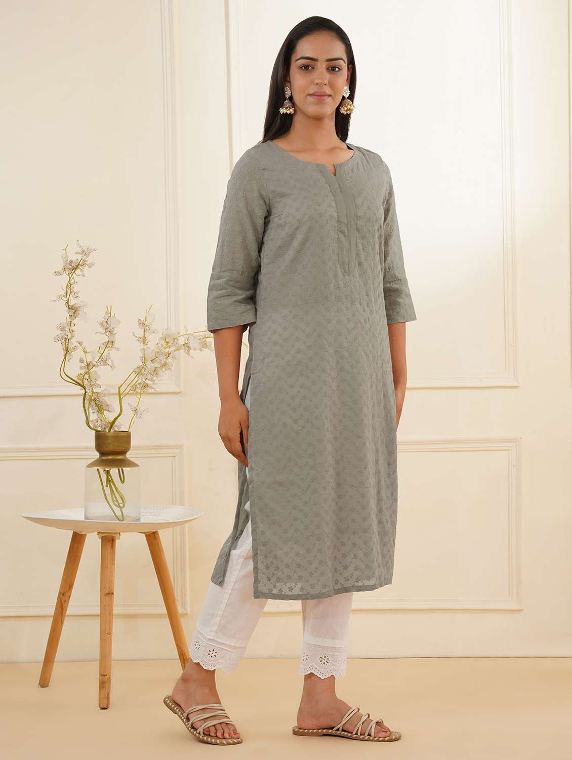 women three quarter sleeve kurta pant set - 22059240 -  Standard Image - 2