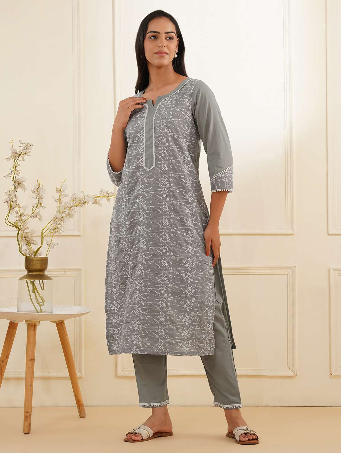 women three quarter sleeve kurta pant set