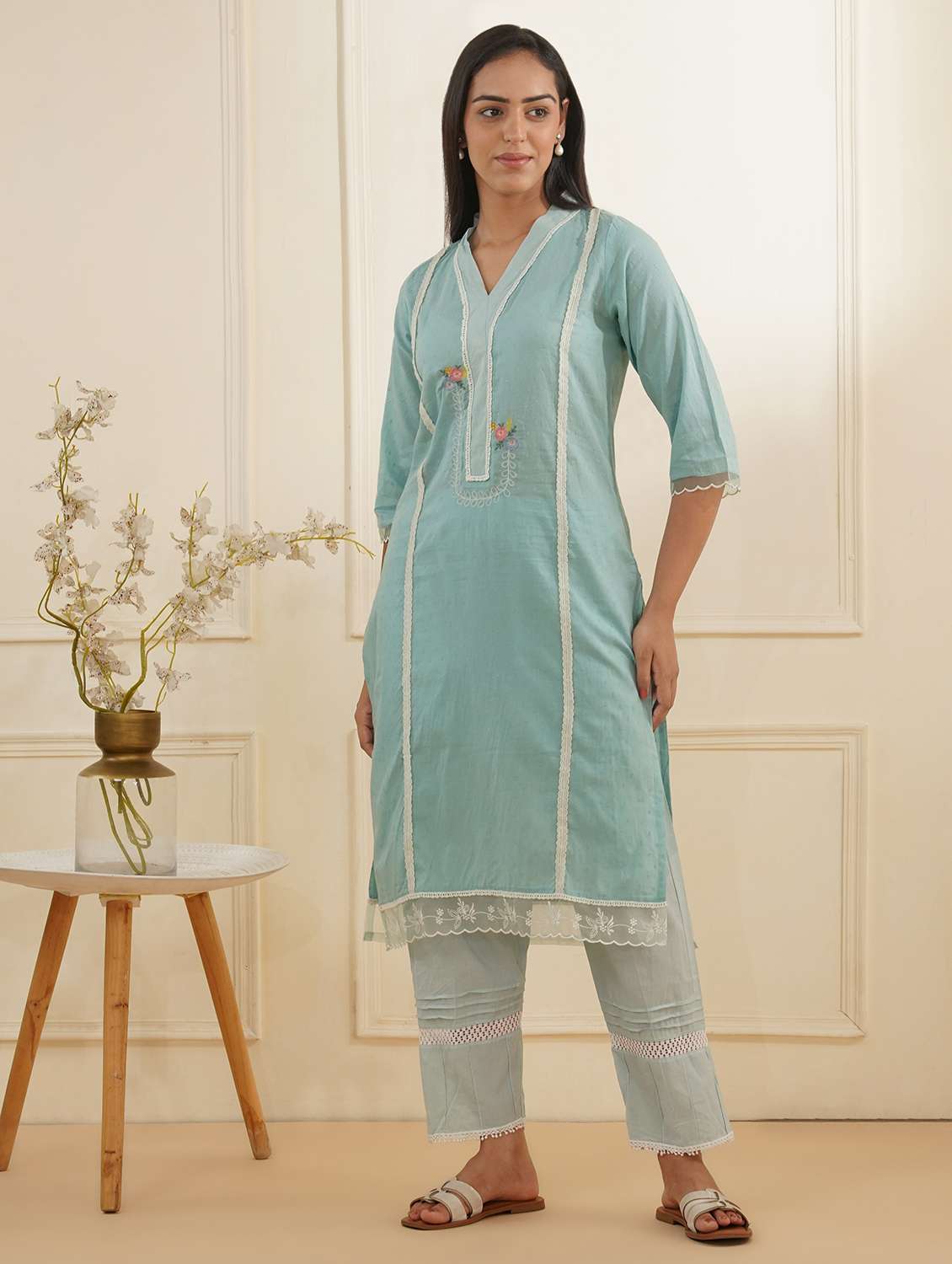 women three quarter sleeve kurta pant set