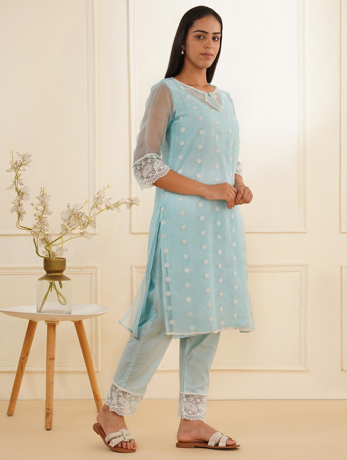 light blue organza kurta pant set - 22059251 - Standard Image - 2