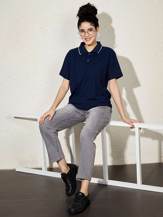 women solid short sleeve oversized polo t-shirt - 22059589 -  Standard Image - 2