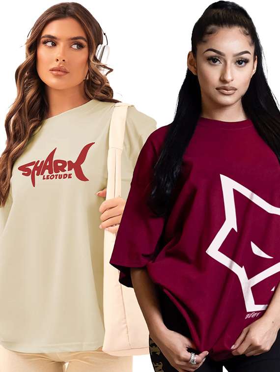 women pack of 2 printed short sleeve oversized t-shirt