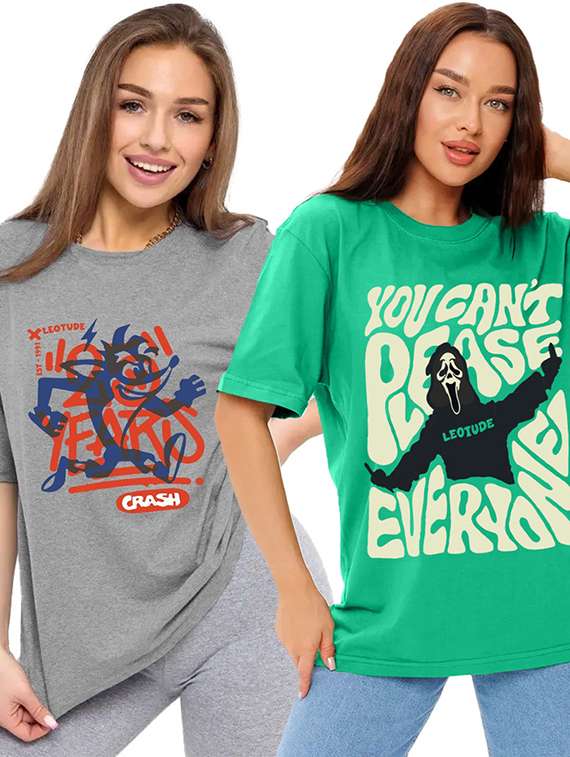 women pack of 2 printed short sleeve oversized t-shirt
