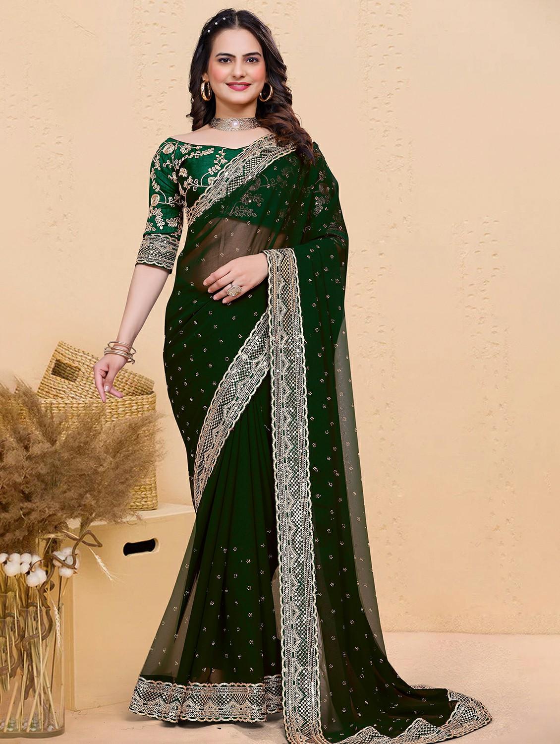 women solid with work embellished saree with blouse - 22059766 - Zoom Image - 0