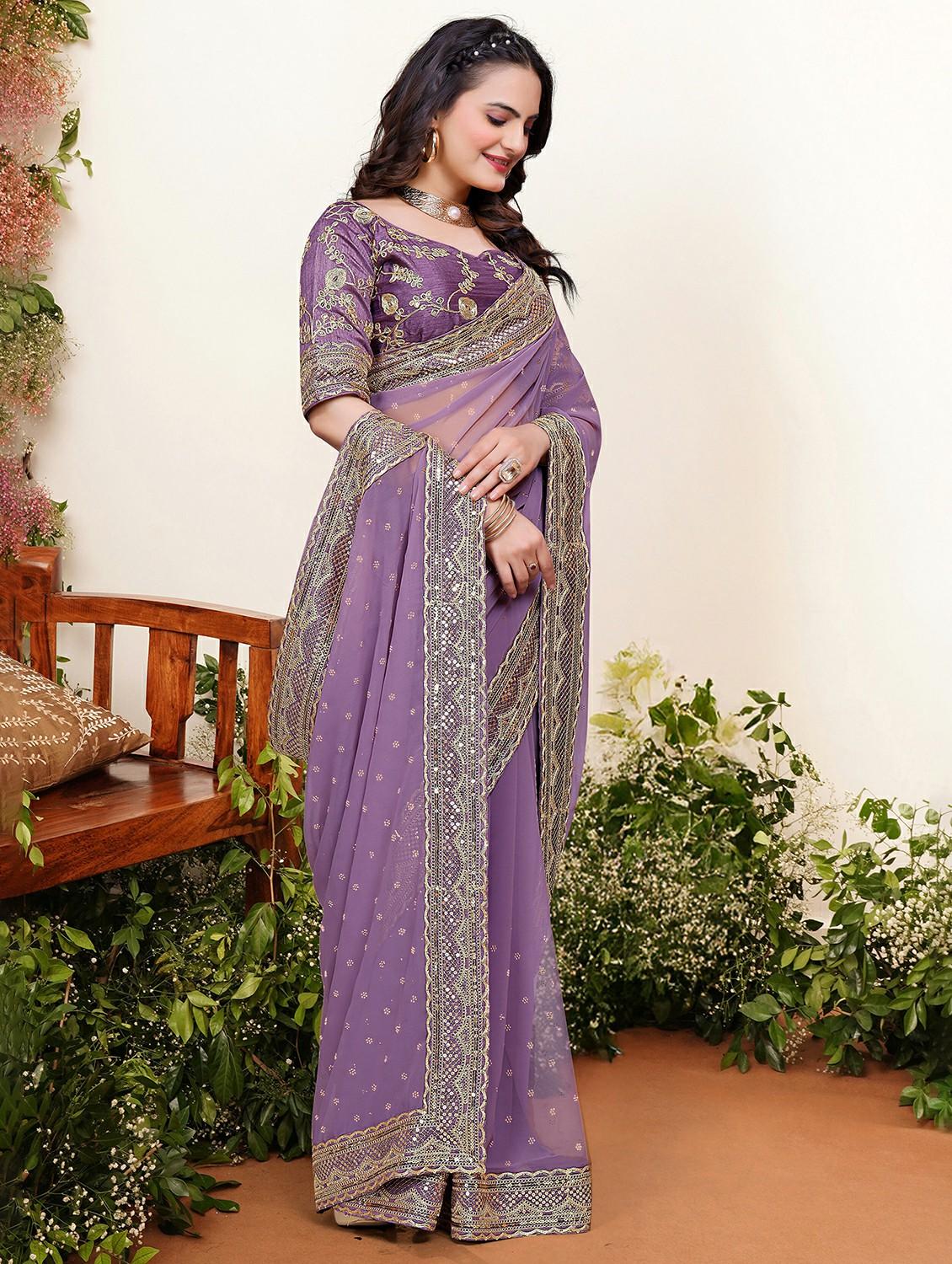 women solid with work embellished saree with blouse - 22059767 - Standard Image - 2