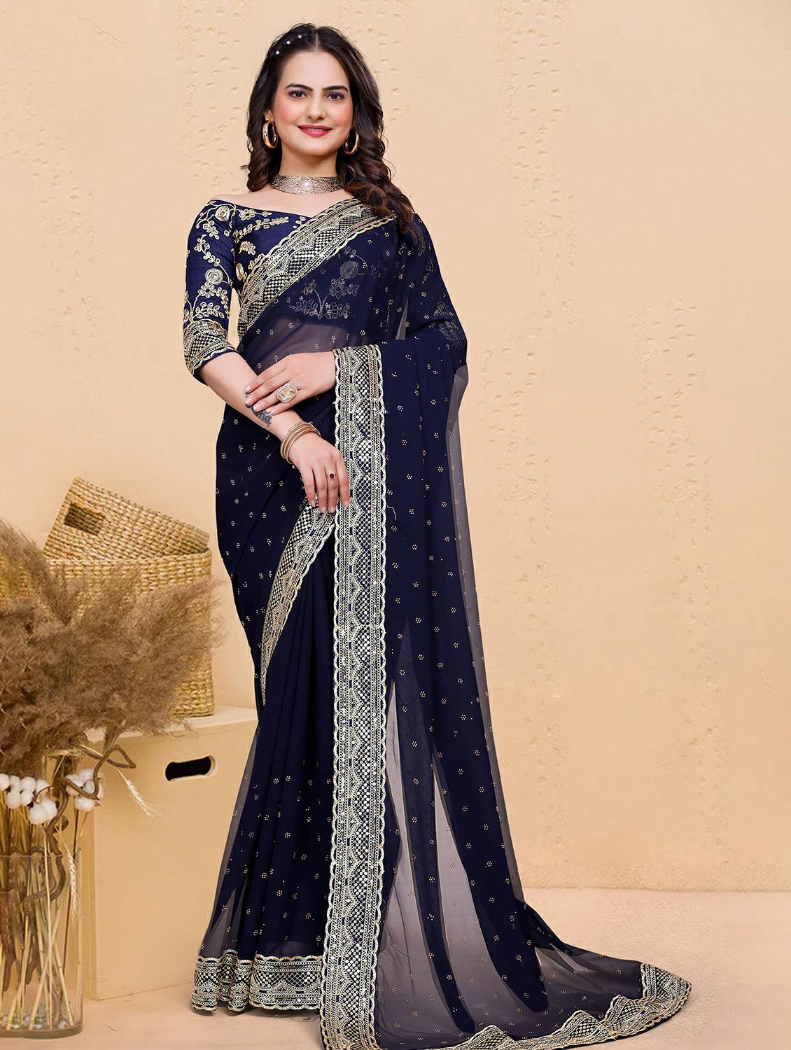 women solid with work embellished saree with blouse - 22059769 - Zoom Image - 0