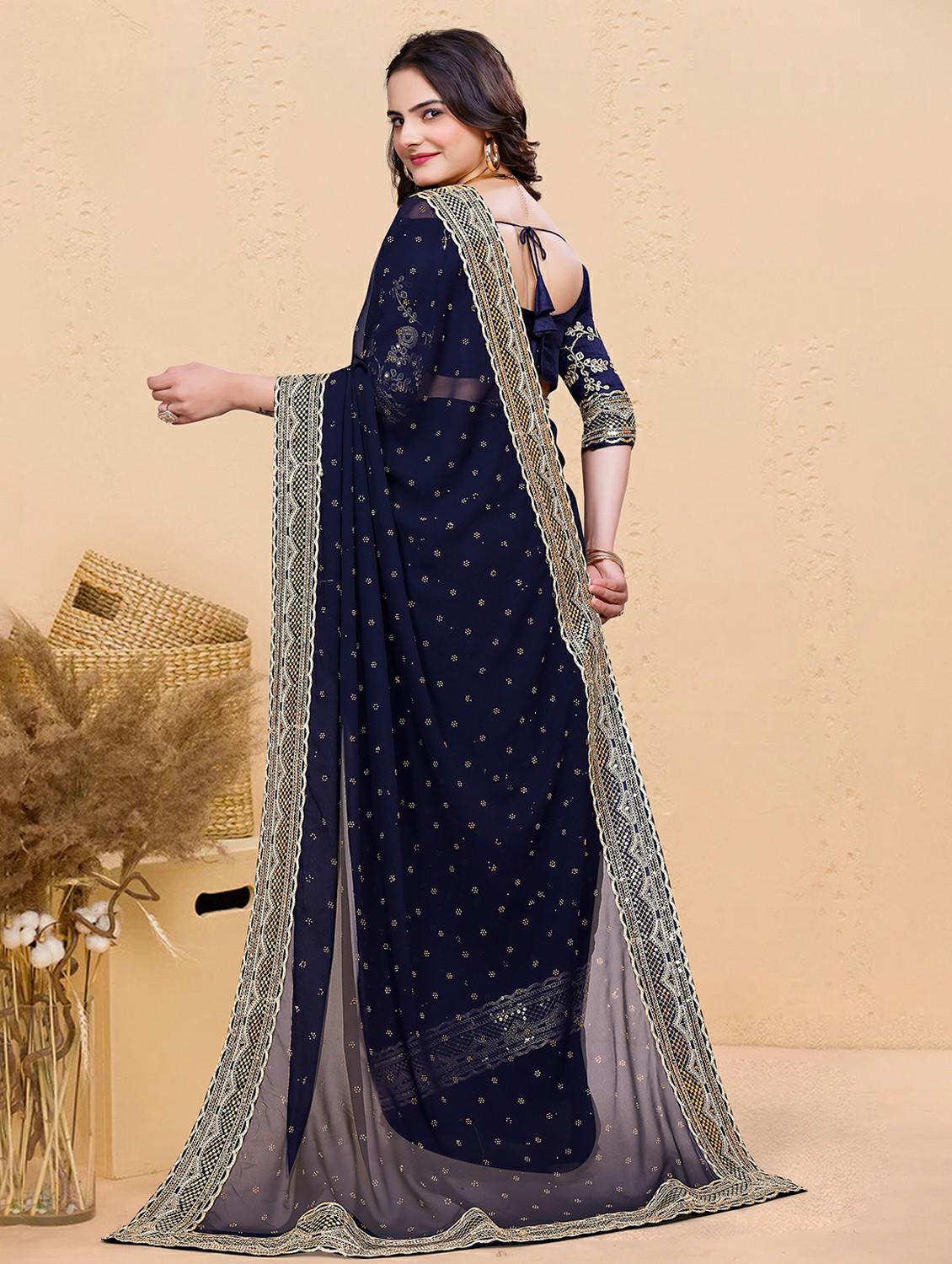 women solid with work embellished saree with blouse - 22059769 - Standard Image - 2