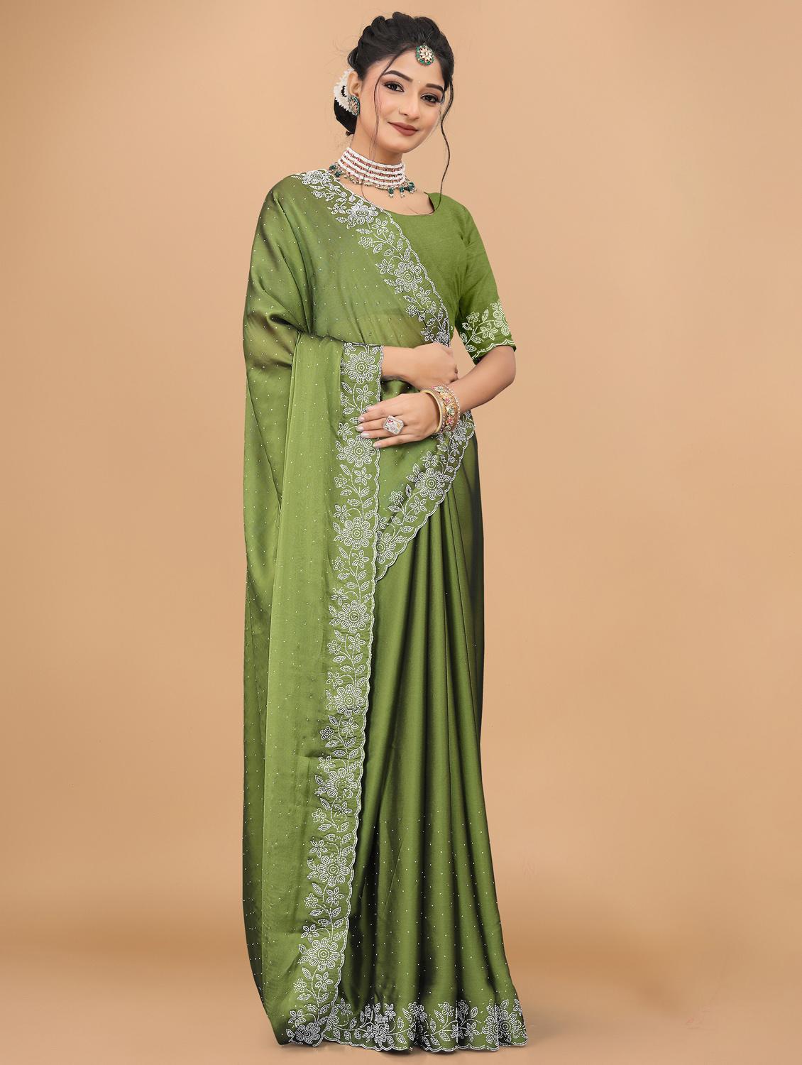 women solid with work embellished saree with blouse - 22059798 - Standard Image - 2